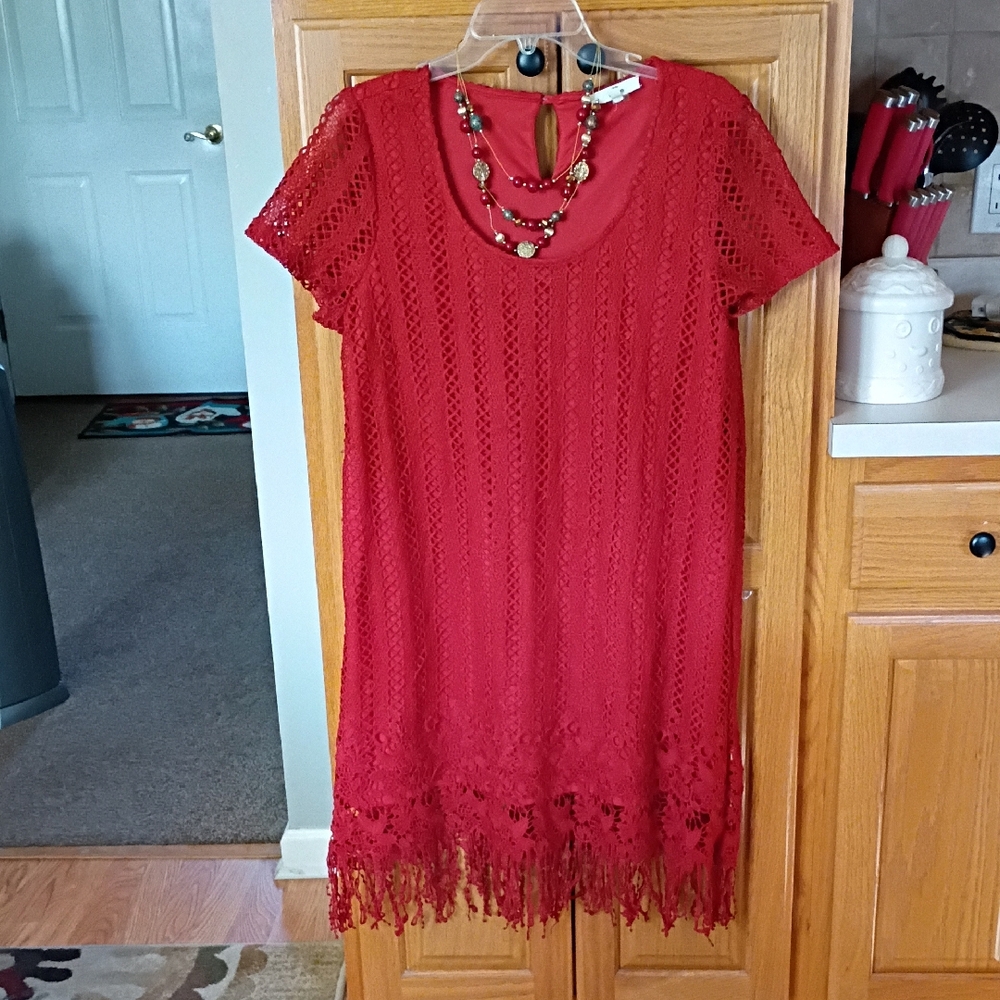 Entro Vibrant Red Crochet Dress With Necklace Included.